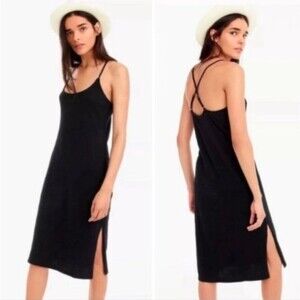 J. Crew Black Strappy Cotton Knit Side Slits Midi Dress Size XXL